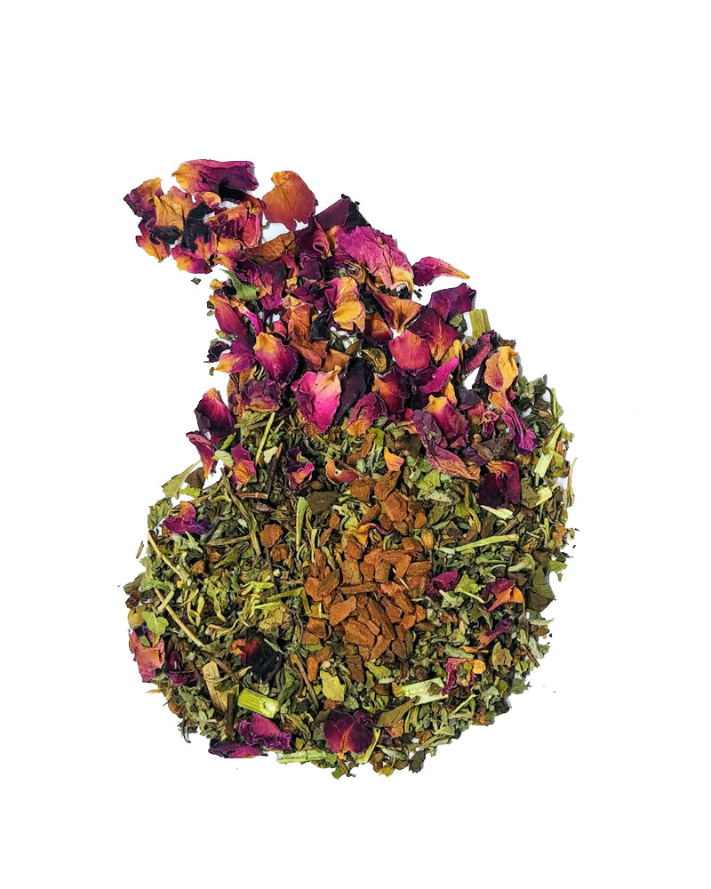 Dragonfly Herbs: Beautiful Jollitea blend of Damiana leaf, Tulsi (holy basil), Cinnamon chips, wild harvested Gotu Kola, Passionflower, and Rose Petals on a white background