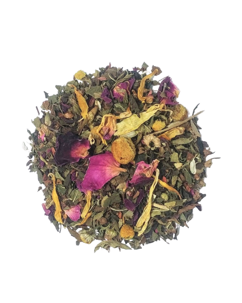 Dragonfly Herbs: Calm & Clear tea ingredients peppermint, spearmint, honeybush, chamomile, hibiscus, calendula, rose + osmanthus petals, tulsi, nettle arranged together on a white background.