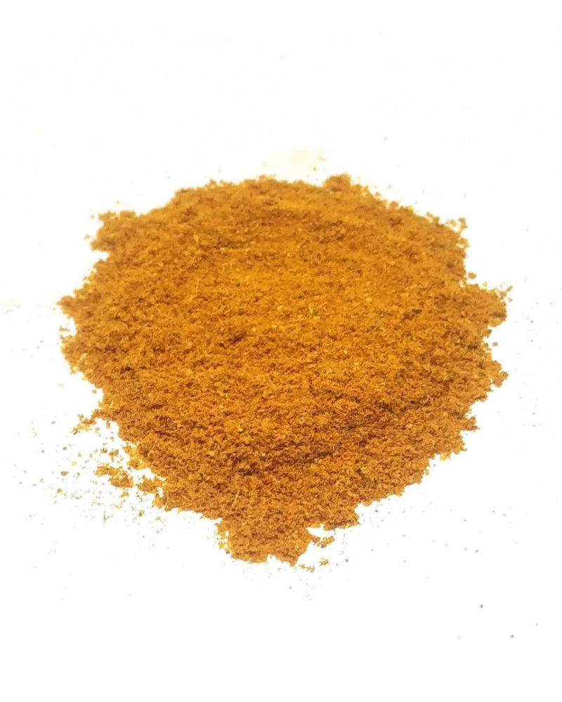 Dragonfly Herbs: Organic curry powder blend of Fenugreek, Turmeric, Cumin, Coriander, Cinnamon, Ginger, Cayenne, Nutmeg and Cardamom on white background