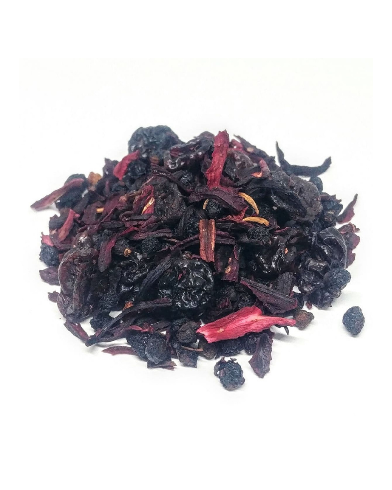 Dragonfly Herbs: Elderberry Hibiscus Tea with Elderberry, Hibiscus petals, Currant aka Corinthian Raisins arranged on a white background